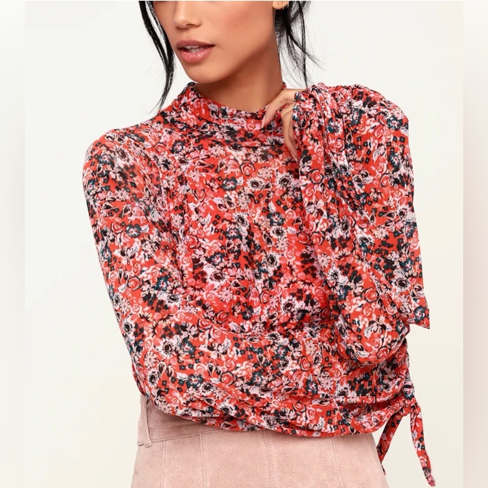 Free People All Dolled Up Red Floral Print Mesh Long Sleeve Crop Top